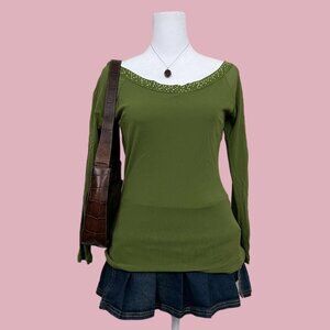 green y2k mesh wide neck long sleeve top